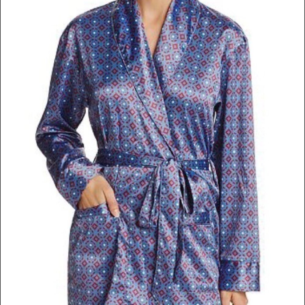 Sam Edelman Satiny Short "Smoking Jacket Style" Tie Pockets Gray Abstract Robe